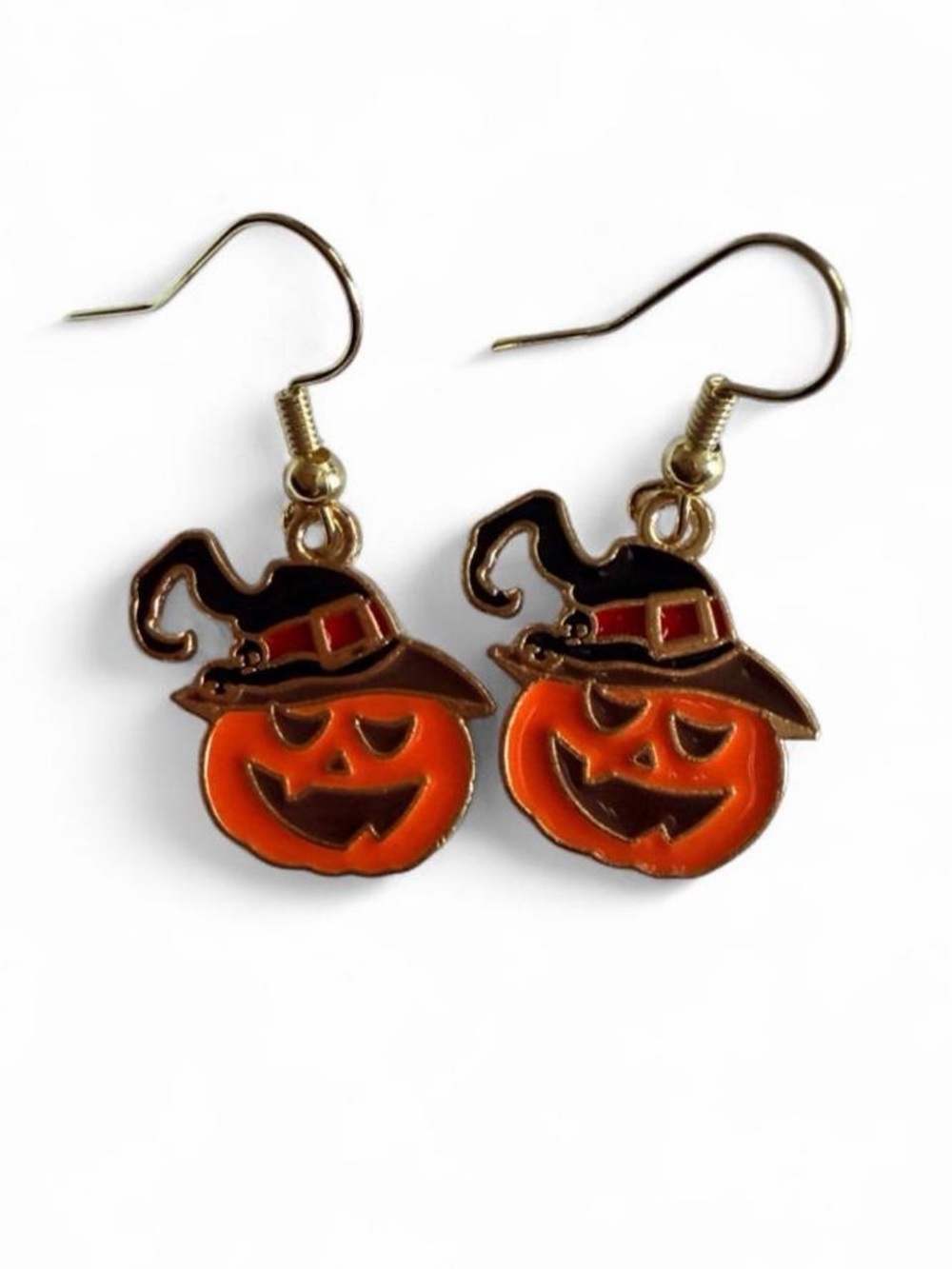 Handmade Enamel Witch Hat Pumpkin Dangle Earrings Halloween Spooky